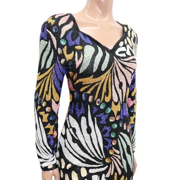 EXTRAORDINARY Vintage ART DECO Sequin Abstract Mini PARTY Dress Long Sleeve S - Picture 7 of 12